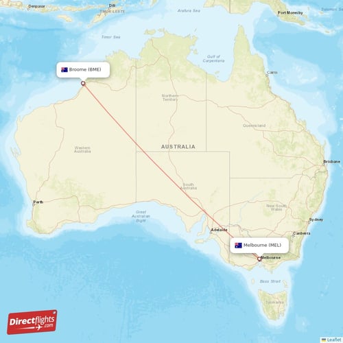Melbourne - Broome direct flight map