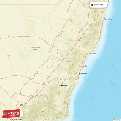 Melbourne - Ballina direct flight map