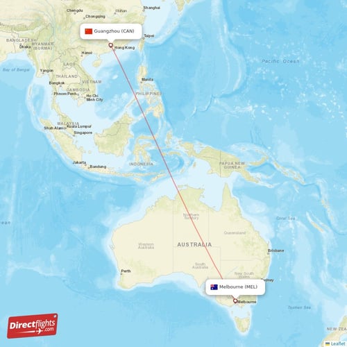 Melbourne - Guangzhou direct flight map