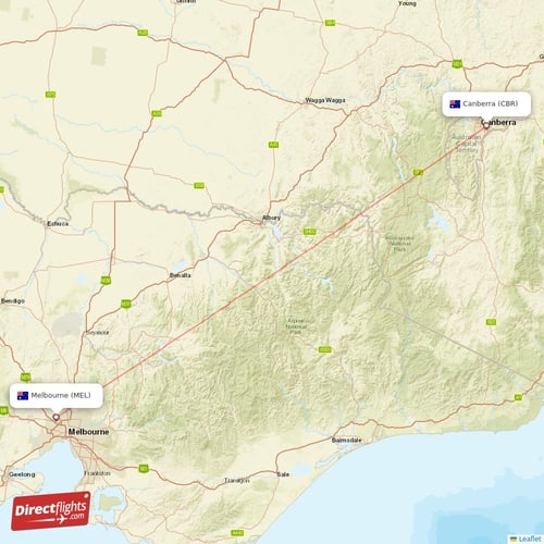 Melbourne - Canberra direct flight map