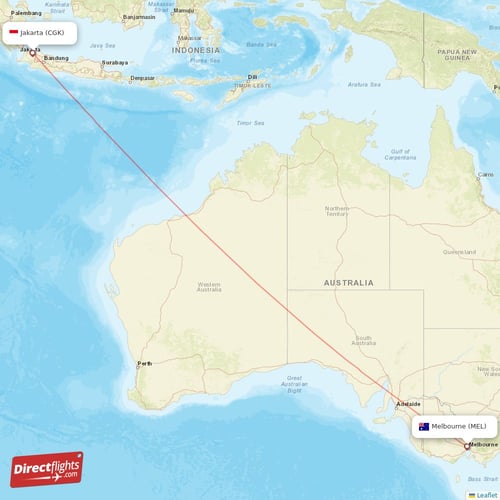 Melbourne - Jakarta direct flight map