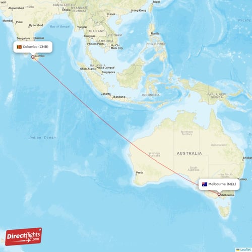 Melbourne - Colombo direct flight map