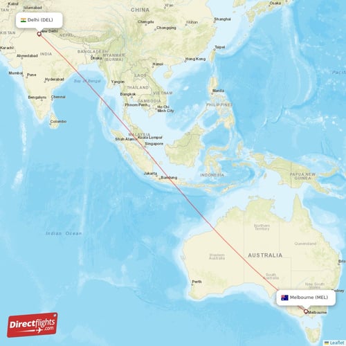 Melbourne - Delhi direct flight map
