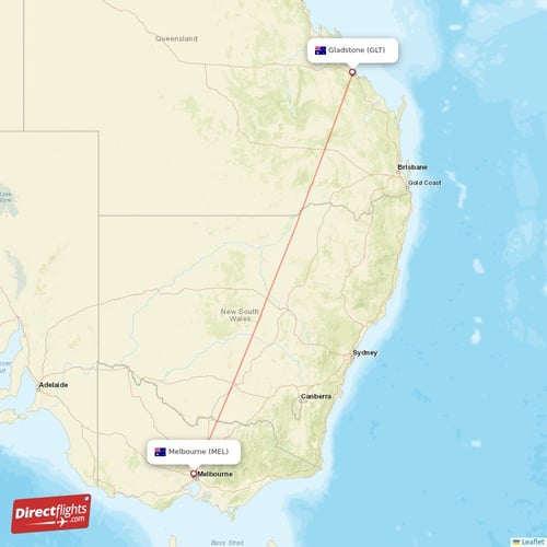Melbourne - Gladstone direct flight map