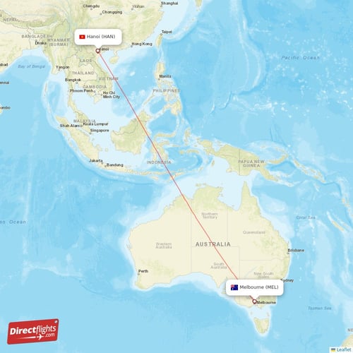 Melbourne - Hanoi direct flight map