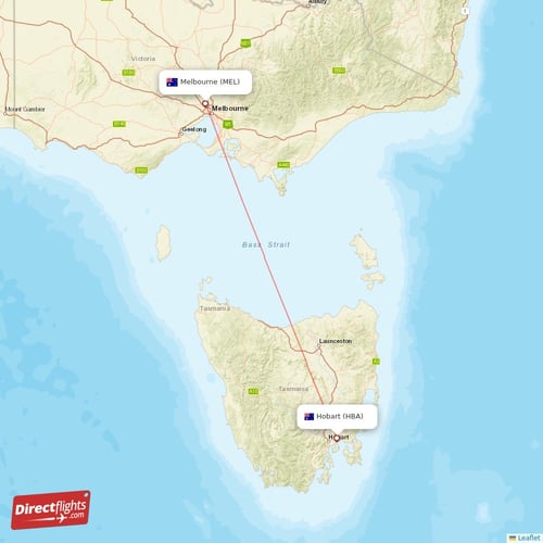 Melbourne - Hobart direct flight map