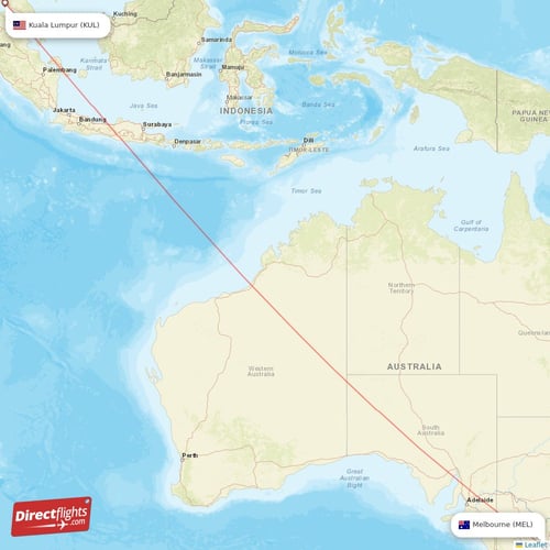 Melbourne - Kuala Lumpur direct flight map