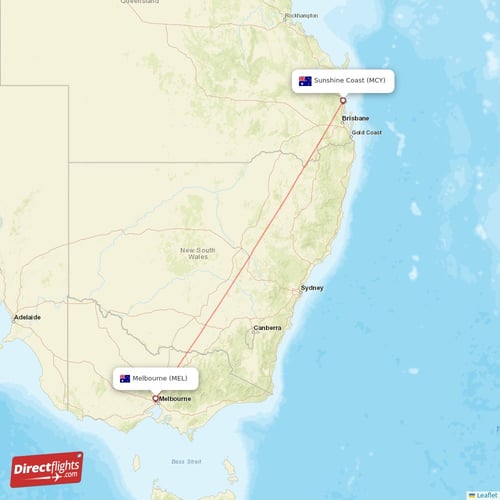 Melbourne - Sunshine Coast direct flight map