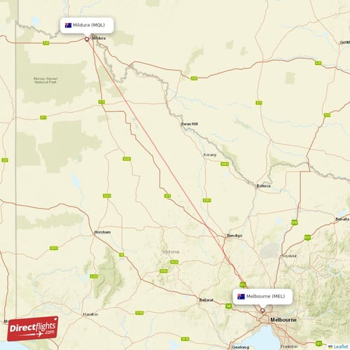 Melbourne - Mildura direct flight map