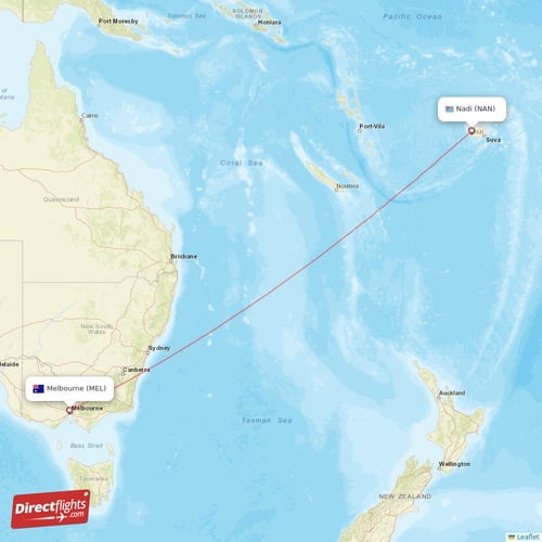 Melbourne - Nadi direct flight map