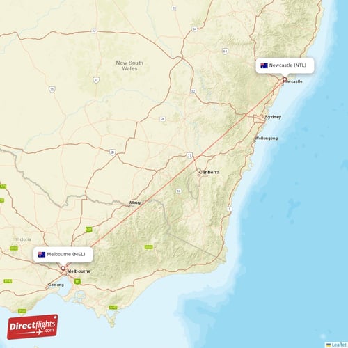 Melbourne - Newcastle direct flight map