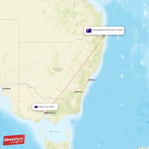 Melbourne - Coolangatta (Gold Coast) direct flight map