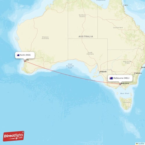 Melbourne - Perth direct flight map