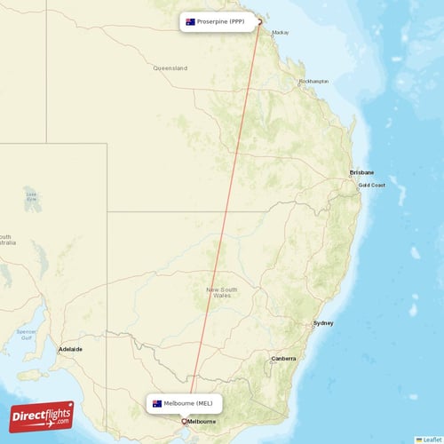 Melbourne - Proserpine direct flight map