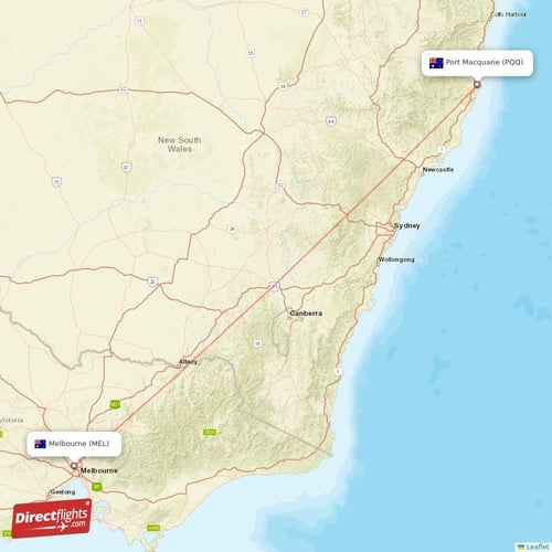 Melbourne - Port Macquarie direct flight map