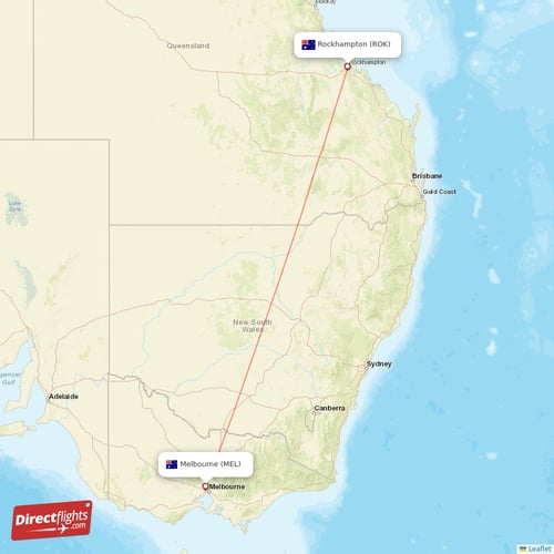 Melbourne - Rockhampton direct flight map