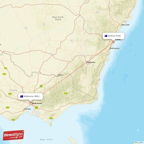Melbourne - Sydney direct flight map