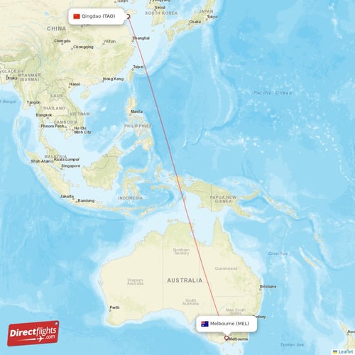 Melbourne - Qingdao direct flight map