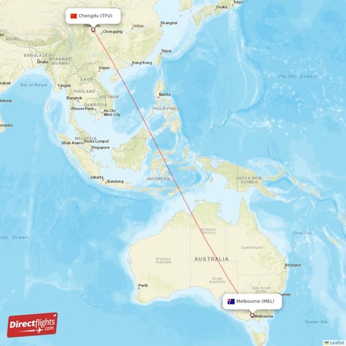 Melbourne - Chengdu direct flight map