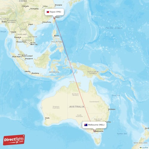 Melbourne - Taipei direct flight map