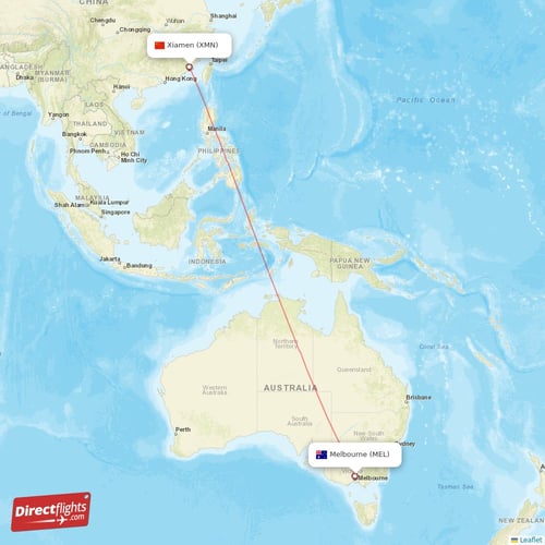 Melbourne - Xiamen direct flight map
