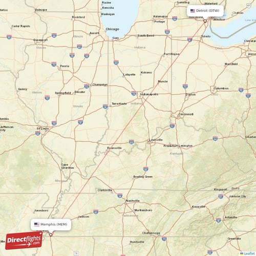 Memphis - Detroit direct flight map