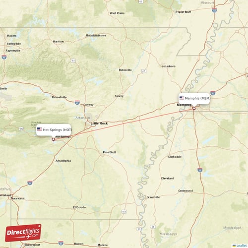 Memphis - Hot Springs direct flight map