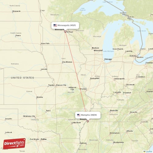 Memphis - Minneapolis direct flight map