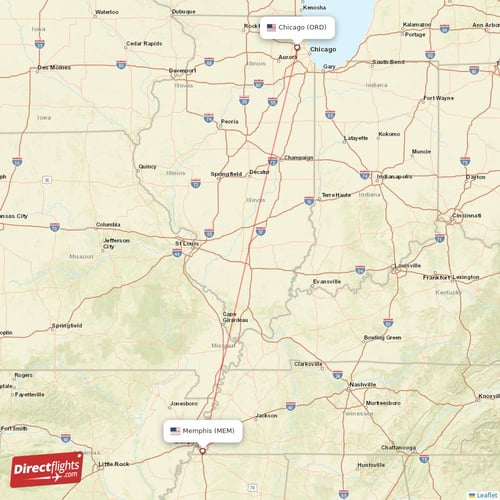 Memphis - Chicago direct flight map