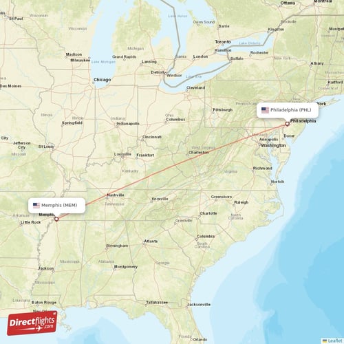 Memphis - Philadelphia direct flight map