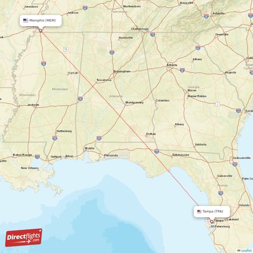 Memphis - Tampa direct flight map