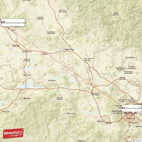 Mexico City - Leon/Guanajuato direct flight map
