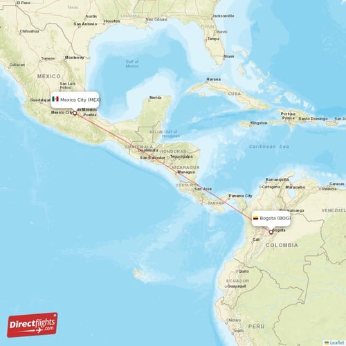 Mexico City - Bogota direct flight map