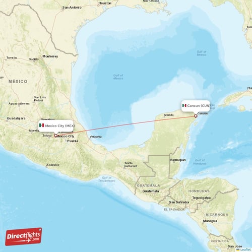 Mexico City - Cancun direct flight map
