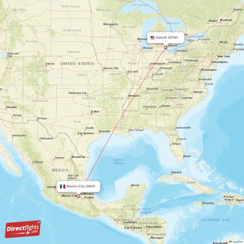 Mexico City - Detroit direct flight map