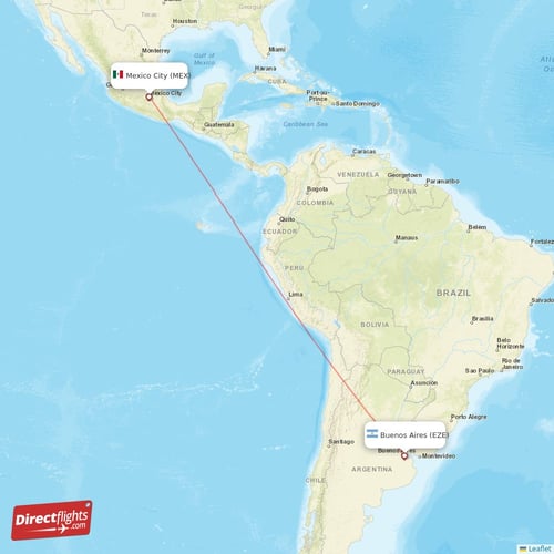 Mexico City - Buenos Aires direct flight map