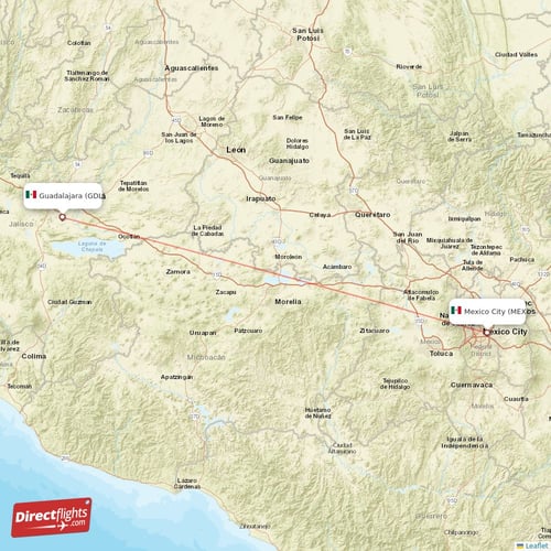 Mexico City - Guadalajara direct flight map
