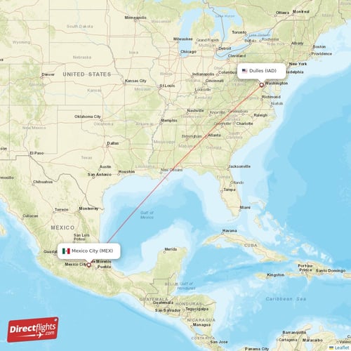 Mexico City - Dulles direct flight map