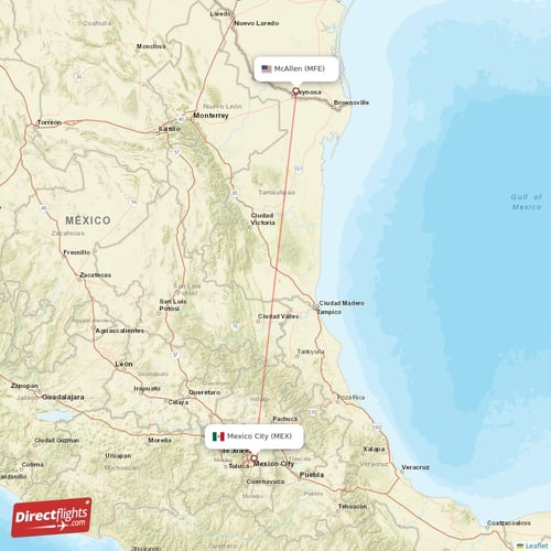 Mexico City - McAllen direct flight map