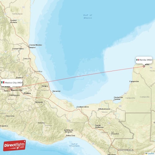 Mexico City - Merida direct flight map