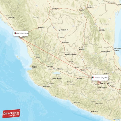 Mexico City - Mazatlan direct flight map