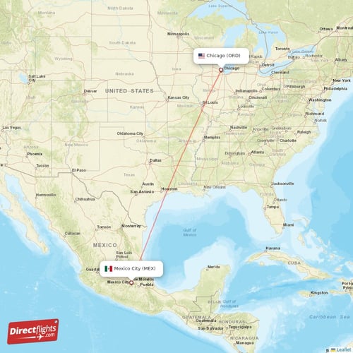 Mexico City - Chicago direct flight map