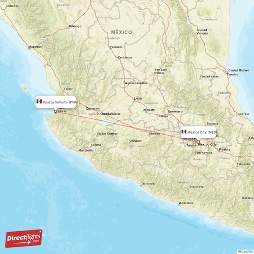 Mexico City - Puerto Vallarta direct flight map