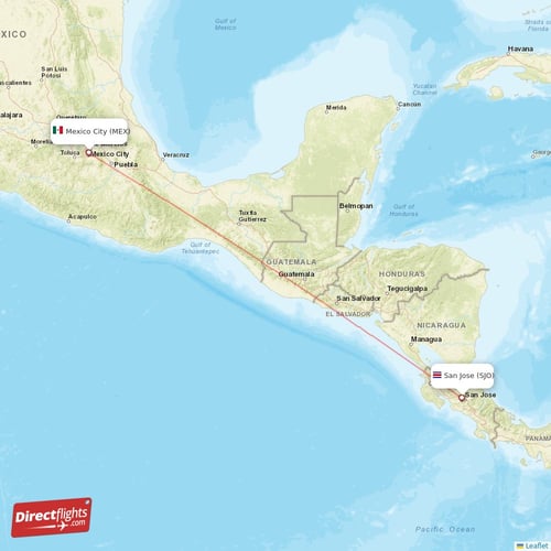 Mexico City - San Jose direct flight map
