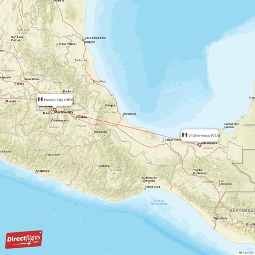 Mexico City - Villahermosa direct flight map