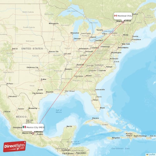 Mexico City - Montreal direct flight map