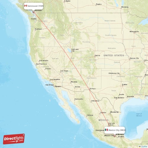 Mexico City - Vancouver direct flight map