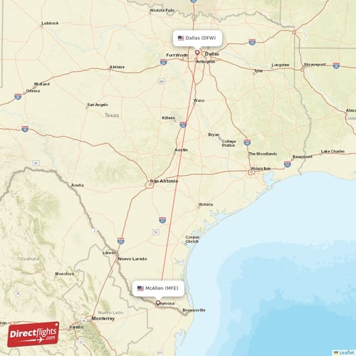McAllen - Dallas direct flight map