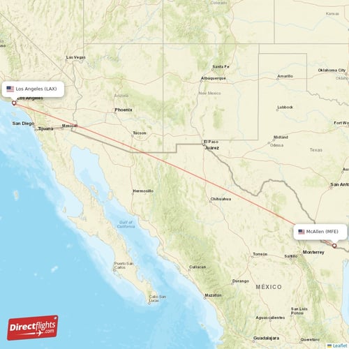 McAllen - Los Angeles direct flight map
