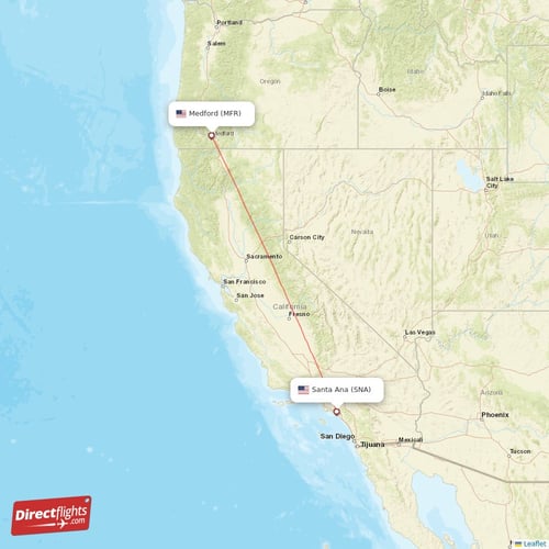 Medford - Santa Ana direct flight map